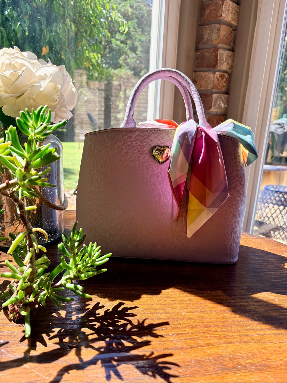 Betsey Johnson Women’s lilac Top-Handle Tote with Heart Accent & vibrant bow